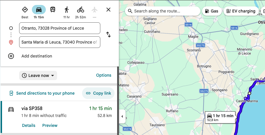 Google Maps with directions from Otranto to Santa Maria di Leuca. The left panel shows the two address fields and, below them, a "Copy link" button next to "Send directions to your phone".