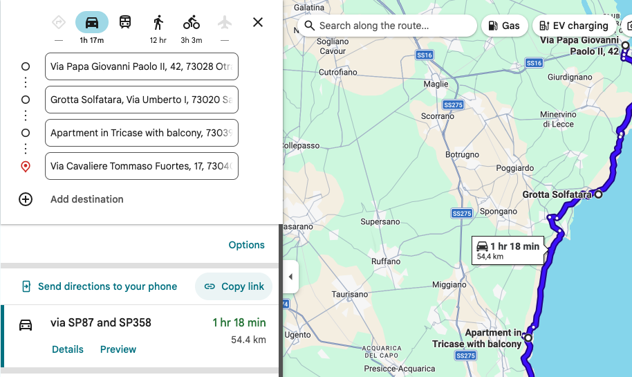 Google Maps opened from a converted link, showing a route down the Salento coast from Otranto to Santa Maria di Leuca. The panel lists four stops and the summary reads "via SP87 and SP358, 1 hr 18 min, 54.4 km".
