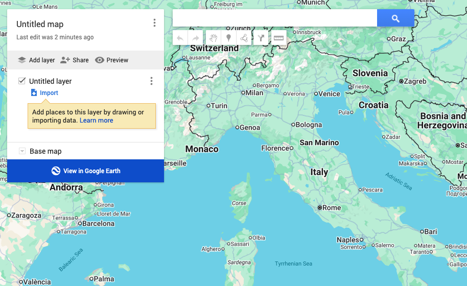 A new untitled map in Google My Maps. The left panel shows an untitled layer with an Import link, and a hint reading "Add places to this layer by drawing or importing data".