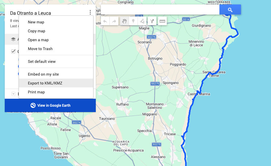 Google My Maps with the three-dot menu open next to the map title. The menu lists New map, Copy map, Open a map, Move to Trash, Set default view, Embed on my site, Export to KML/KMZ and Print map; Export to KML/KMZ is highlighted.
