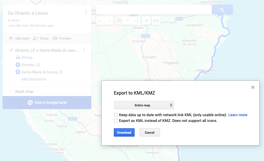 The Export to KML/KMZ dialog in Google My Maps, with a dropdown set to Entire map, two unticked checkboxes, and the Download and Cancel buttons.